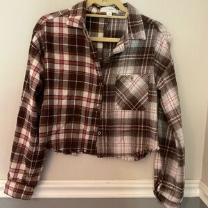 Brown and White Plaid Cropped Shirt